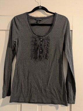 Banana Republic Gray Long Sleeve Top W/ Scoop Neck, Ruffles & Buttons L
